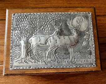 Vintage Jewelry or Trinket Box with Stamped Metal Depicting Deer and Landscape