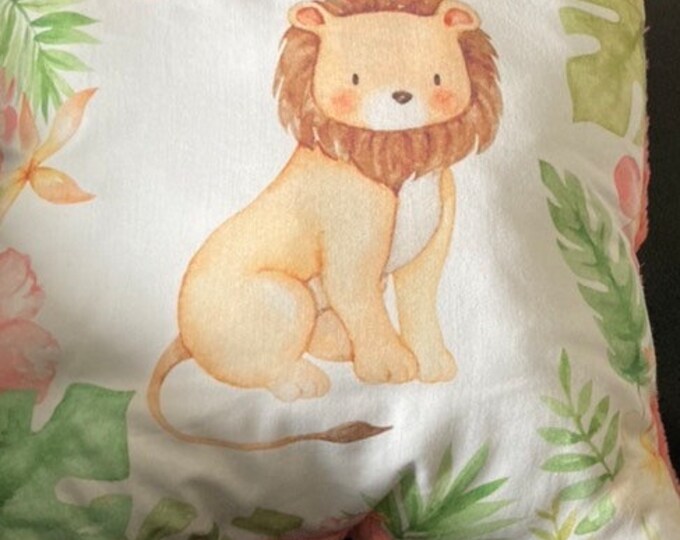 Jungle Safari Baby Animal Throw Pillow with Coral Minky Backing