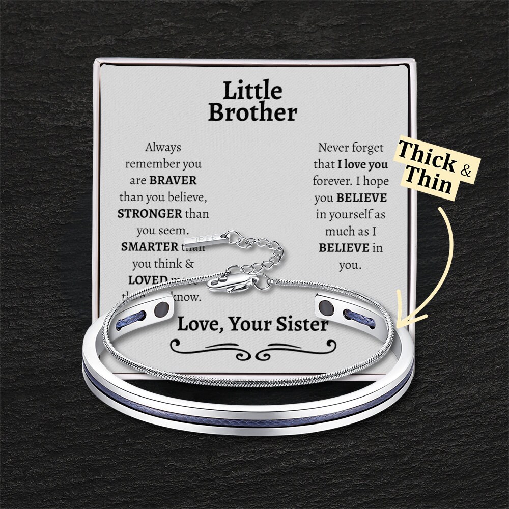 Little Brother Gift Bracelet Set - Sibling Love Cuff & Box Chain, Birthday Gift for Younger Brother - Hypoallergenic, Gift-Ready Package