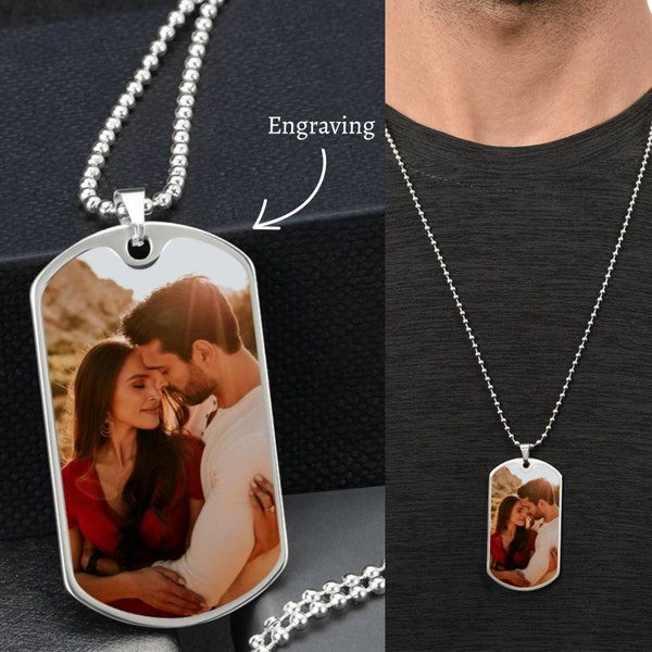 Photo Dog Tag Necklace, Customized Dog Tag Necklace with Picture, Mens Dog Tag Necklace Engraved, Photo Necklace for Him, Photo Jewelry Him