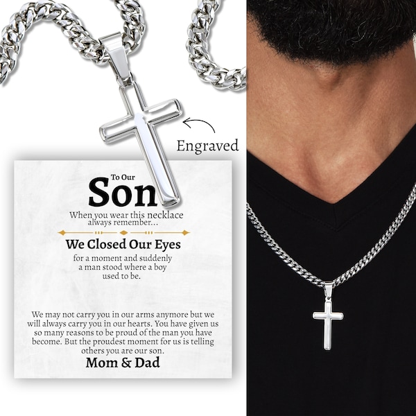 To Our Son Cross Necklace w/ Cuban Chain, Unique Gift for Grown Sons, Birthday Gifts for Son from Mom and Dad, Jewelry Gift for Adult Son