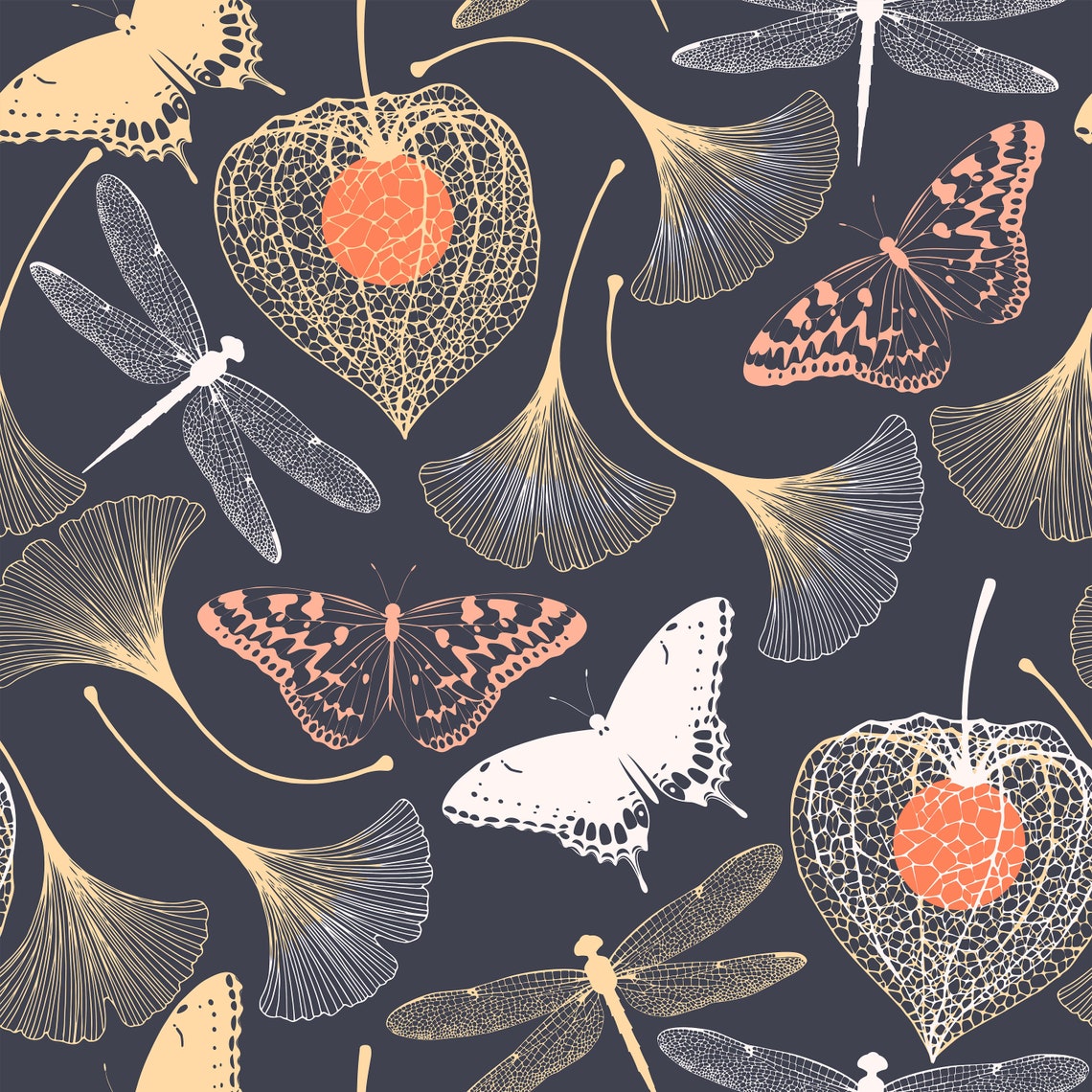Ginkgo Wallpaper Peel and Stick Black With Butterfly Print Etsy
