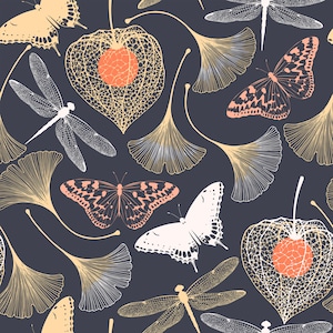Black ginkgo wallpaper with butterflies and dragonflies. A great wall decoration for bedroom and bathroom projects that is easily removable.