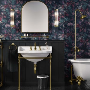 Gothic dark garden wallpaper, this black floral design is moody. Peel and stick is renter-friendly, and perfect for a bathroom or bedroom.