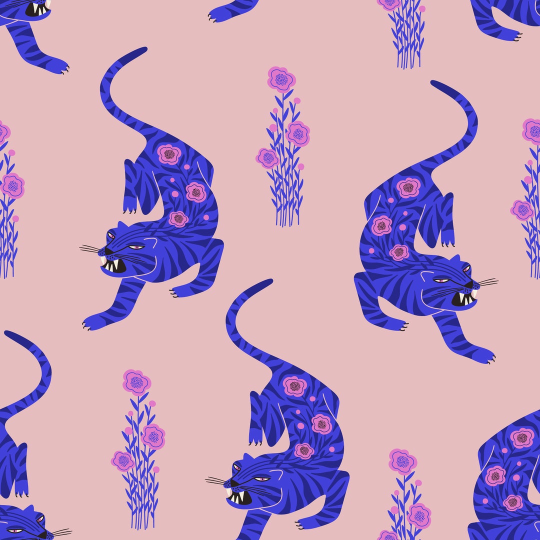 Folk Art Wallpaper Peel and Stick Blue/purple Tiger With Etsy