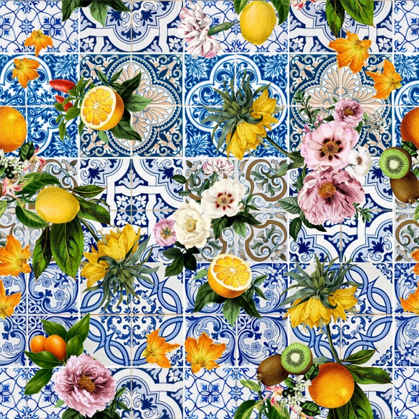 Italian tile wallpaper, peel and stick, indigo blue tile design with realistic Sicily flowers and fruit. The perfect decor for your kitchen