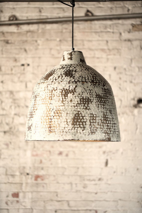 Rustic Metal Pendant Light With White Wash and Hammer Detail
