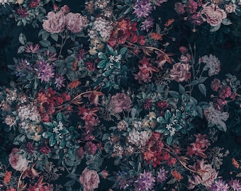 May include: A dark blue background with a floral pattern featuring pink, red, and white flowers. The flowers are arranged in a random pattern and are surrounded by green leaves.