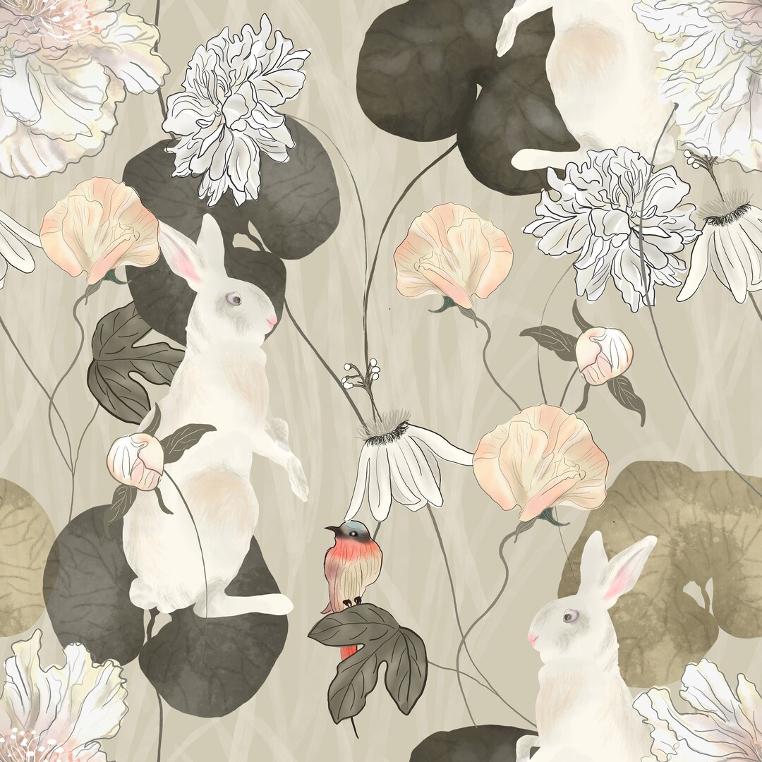 Beige Wallpaper With Vintage White Rabbits and Chic Flowers Throughout ...