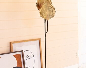 Floor Lamp with Antique Brass Gold Leaves Detail, Bohemian, Tropical Lighting for a BOHO Eclectic or Coastal Home Decor