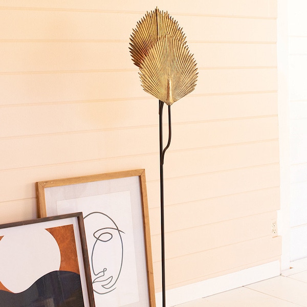 Floor Lamp with Antique Brass Gold Leaves Detail, Bohemian, Tropical Lighting for a BOHO Eclectic or Coastal Home Decor