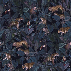 Black luxury tropical wallpaper, dark with leopards, exotic birds, and monkeys. A coastal living wallpaper with deep green leaves.