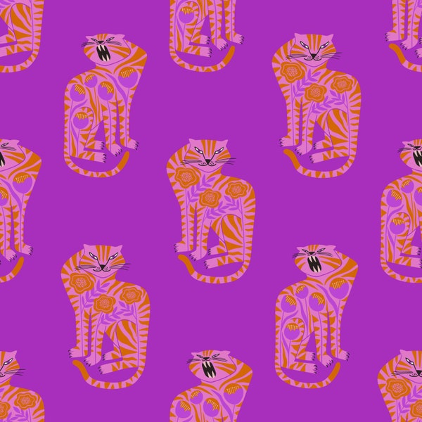Folk art wallpaper, peel and stick, fun, hot pink, orange & purple tiger with floral detail throughout. Self adhesive and easily removable.