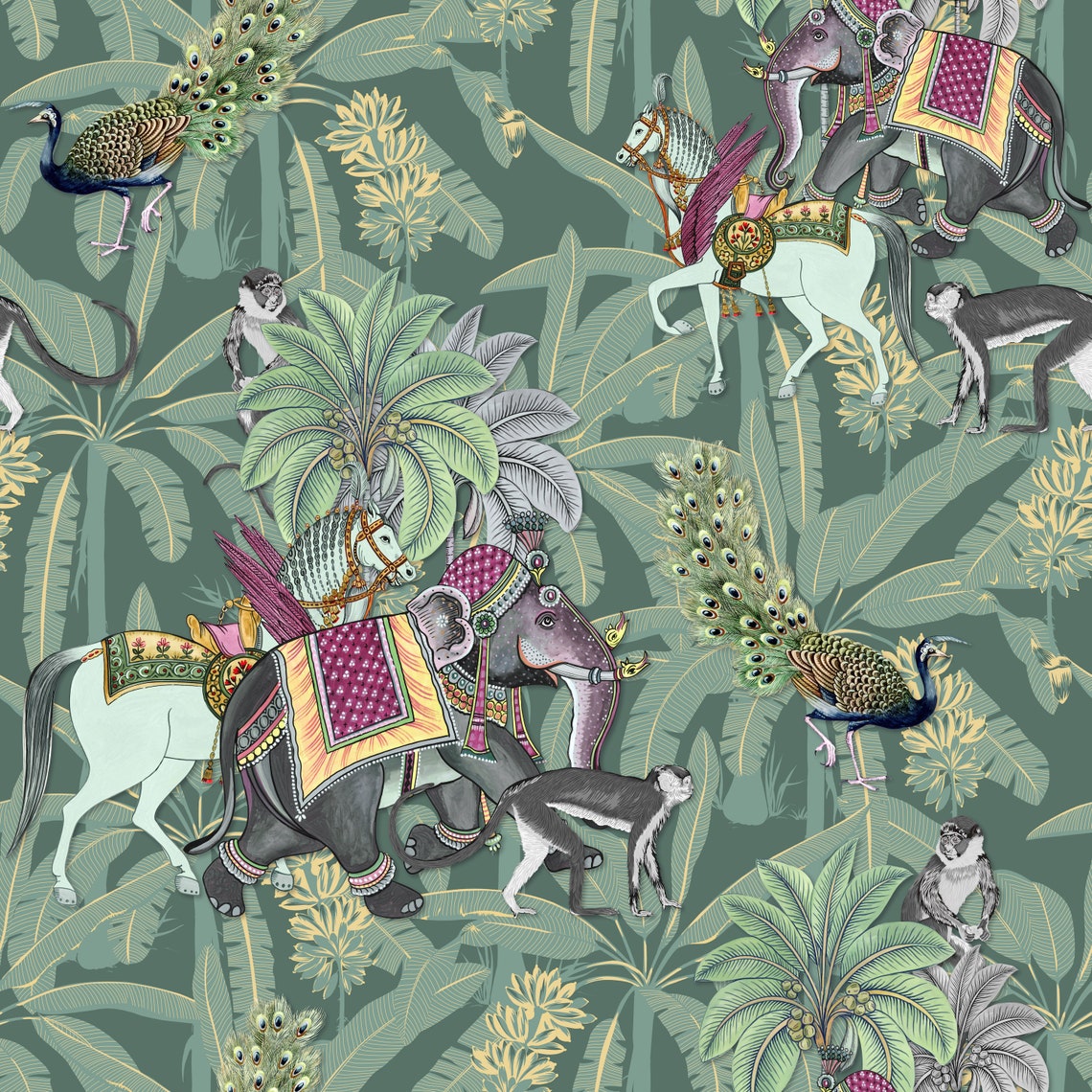 Green Indian Bazaar Wallpaper Tropical Peel and Stick Fabric - Etsy UK