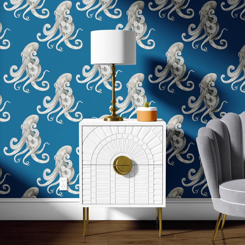 Ocean Octopus Wallpaper Peel and Stick Fabric Wallpaper Blue - Etsy