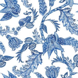 An indigo batik-vintage peel-and-stick wallpaper is great for a foyer, bedroom, or bathroom. Removable wallpaper for an easy-to-apply decor