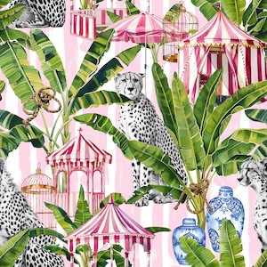 Luxury peel-and-stick wallpaper with fun striped cabanas, and white cheetahs throughout. This pink or blue striped wallpaper is vibrant.