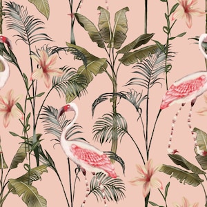 Flamingo wallpaper, peel and stick, a tropical & trendy palm tree, flamingo design for your coastal home living decor. Gray or pink backing.