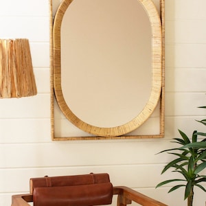 BOHO oval wall mirror, cane-wrapped minimalist mirror, simple design making it easy to style in any room, bedroom, living room, or vanity.