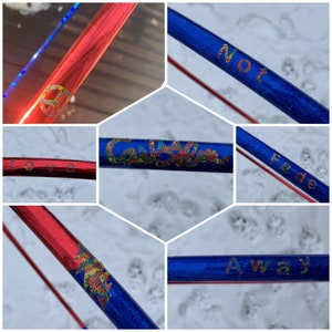 Not Fade Away-  hula hoop with Carl’s poster as lyrics/bolt/hearts/peace signs/optional signature or personalized