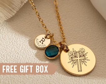 Baptism Gift Birth Stone Necklace, Custom Christian Cross Necklace, Christian Jewelry, First Communion Necklace, Catholic Confirmation Gift