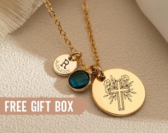 Custom Baptism Gift with Birth Stone, Christian Cross Jewelry, First Communion Necklace, Baptism Necklace, Date Baptized, Pastor Gift