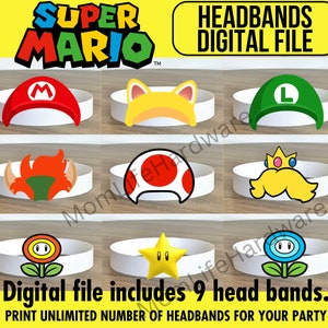Super Mario Birthday Hats, Mario Luigi  Hat, Mario Bro Party Headband, Video Game Party, Princess Peach, Cat Mario Costume, Mario Costume