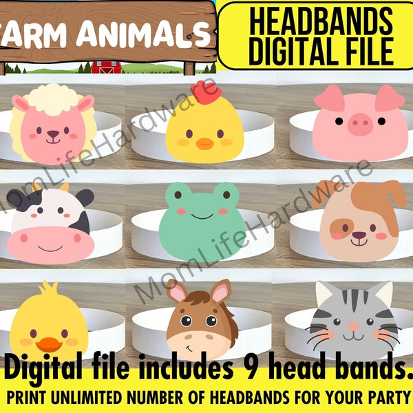 Farm Animals Birthday Party Crown Hat Head Piece, Farm Animals Mask, Sheep Chicken Pig Cow Frog Dog Duck Horse Cat, Farm Tracktor Party, Boy