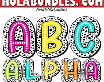 Dalmatian Dots Letters PNG Bundle, Bright Colors, 5 Alpha Sets, Handwritten Font Marquee Alphabet, Digital Downloads for sublimation designs