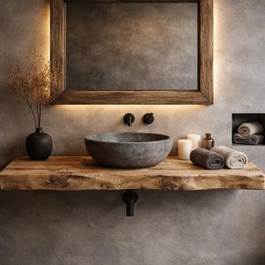 Op de afbeelding: Een rustieke badkamermeubel met een houten blad en een stenen wastafel. Een grote spiegel met houten frame en achtergrondverlichting hangt boven de wastafel. Kaarsen, handdoeken en een zwarte vaas met gedroogde planten. De muur is neutraal grijs.