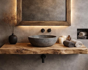 Mueble de baño de madera maciza de roble, encimera de madera, lavabo sobre encimera, borde natural, cortado a medida, aceitado, estante, mesa, tablero de mesa