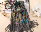 Embroidered cashmere scarf for Women, Wool Shawl, Wool Foulard, Long Scarf, Wool Wrap, Winter Scarf