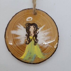 Angel ornament, Christmas ornament, brunette angel ornament, handpainted wood slice ornament