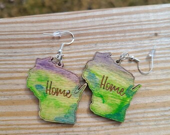 Handpainted Wisconsin Earrings: Laser Cut Wood State Jewelry