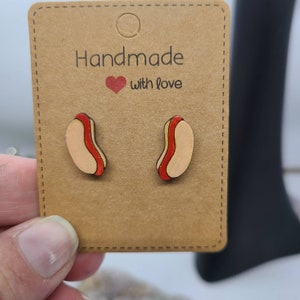 Hand painted hot dog earrings, laser cut wood earrings, post earrings, minimalist earrings