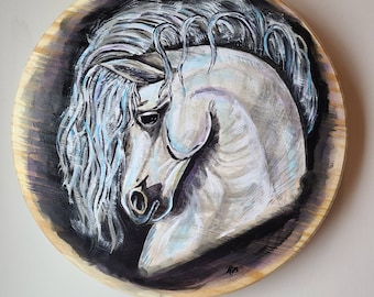 Mystical white horse, hand painted on wood, spirit animal,  horse wall hanging, horse decor, horse art