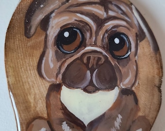 Ornamento di carlino dipinto a mano: dipinto acrilico su legno con bordo vivo