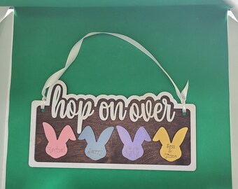 Hop on over sign, easter sign, bunny sign, personalized easter sign.