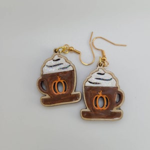 Pumkin latte earrings,  handpainted earrings, wood  pumpkin earrings, fall earrings, Halloween earrings, Thanksgiving earrings