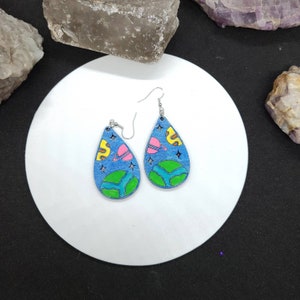 Planet earrings,  handpainted planet earrings, wood earrings, celestial earrings