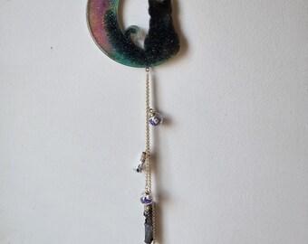 Atrapasueños de gato negro de resina: Decoración de luna brillante