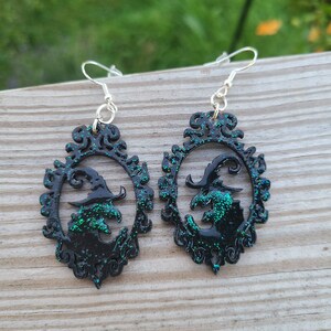 Glitter witch earrings,  handpainted earrings,  wood earrings, wiccan earrings, Halloween earrings