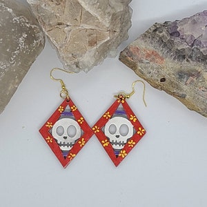 Wooden skull earrings,  handpainted earrings,  wood earrings, skull earrings, wiccan earrings, Halloween earrings
