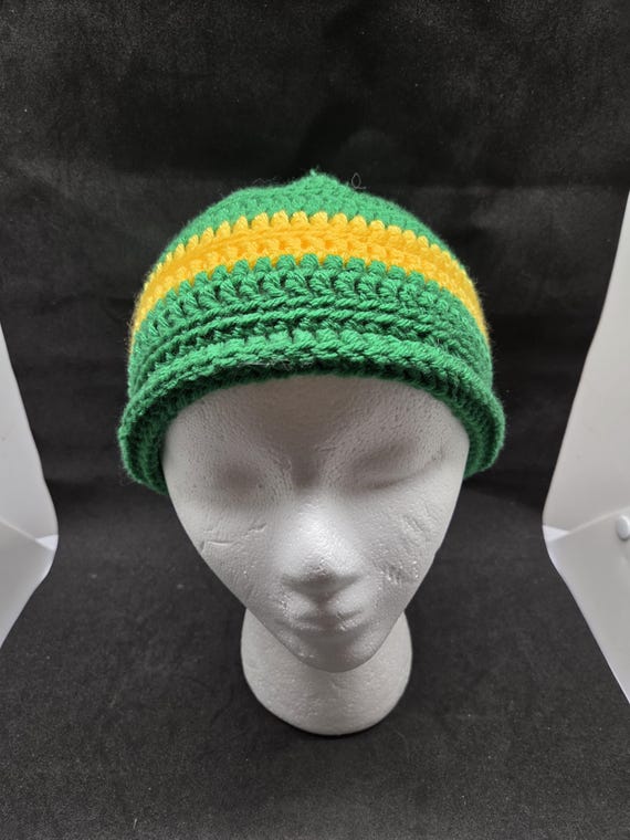 Crocheted Hat: Handmade Acrylic Yarn/green and Yellow Hat 