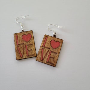 handpainted earrings, laser cut wood earrings, valentine earrings, love earrings