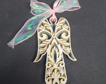 Adorno navideño de ángel pintado a mano: madera cortada con láser