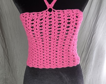 Pink Crocheted Halter Top: Adjustable Acrylic Knit Summer Wear