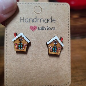 Hand painted gingerbread house earrings, laser cut wood earrings, post earrings, minimalist earrings