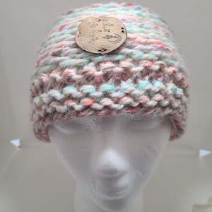 Handknitted Slouchy Beanie: Pastel Rainbow Wool Blend, Engraved Leather Patch