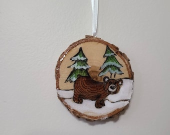 Hand-Painted Bear Christmas Ornament: Wood Slice Holiday Decor